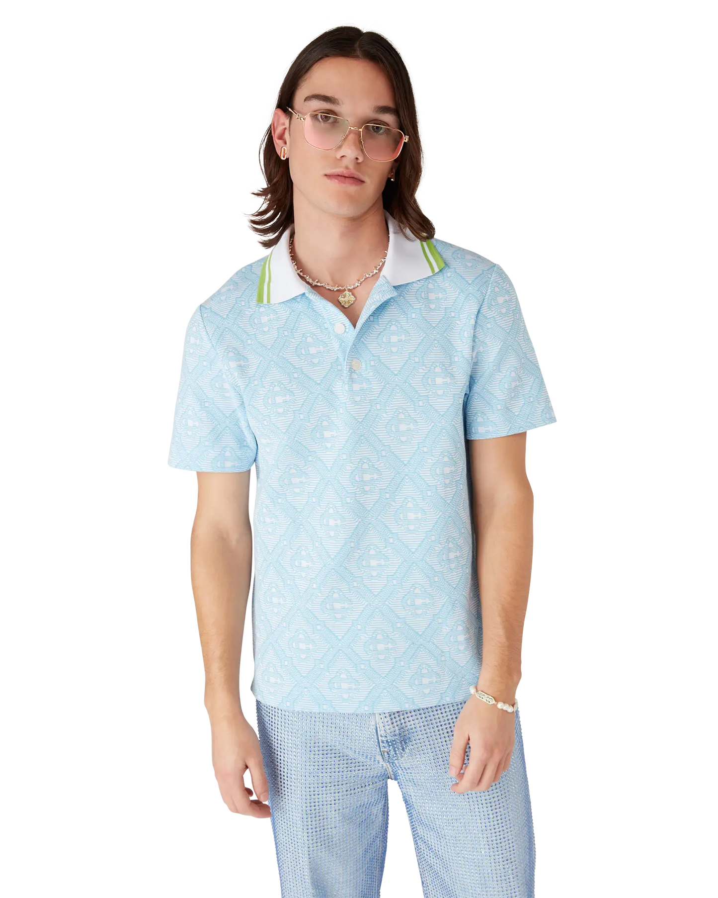 Pale Blue Jacquard Short Sleeve Jacquard Polo Shirt | Casablanca Paris | Image 4