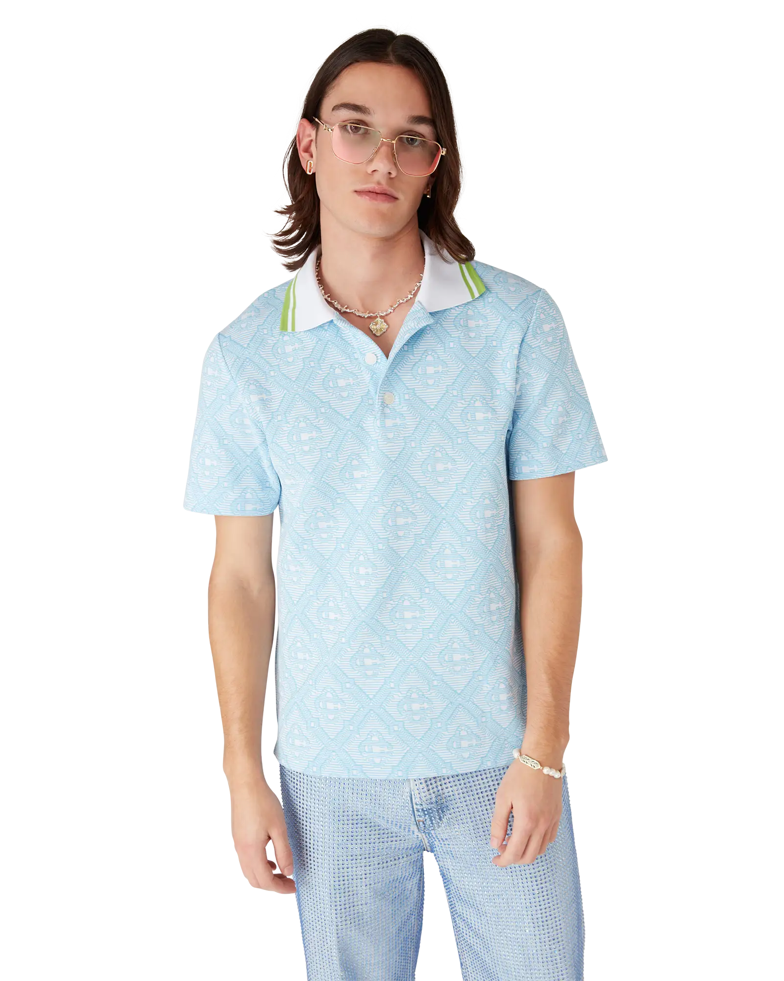 Pale Blue Jacquard Short Sleeve Jacquard Polo Shirt | Casablanca Paris | Image 4