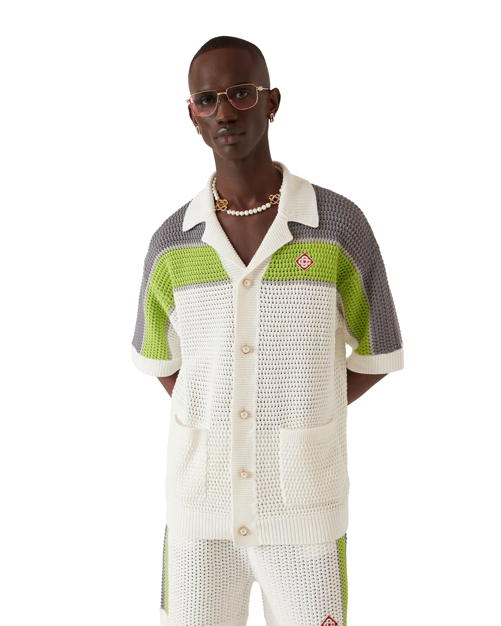 Stripe Crochet Short Sleeve Shirt | Casablanca Paris | Image 4