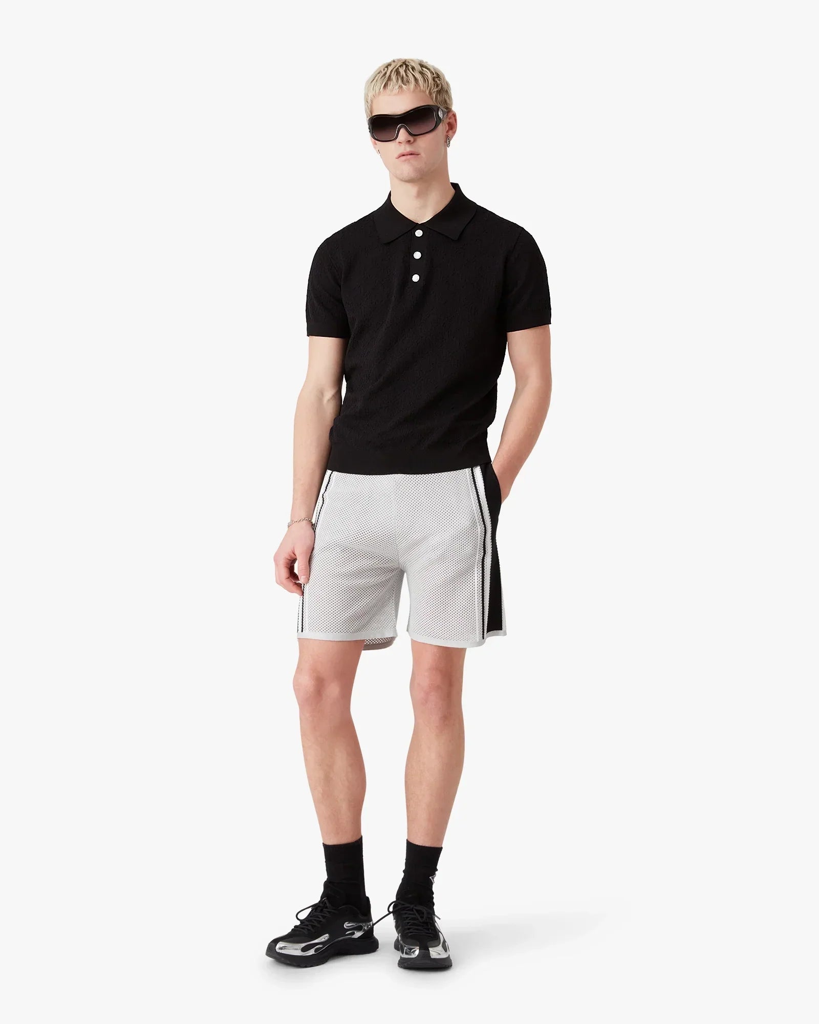 Black Pointelle Monogram Short Sleeve Polo Shirt | Casablanca Paris | Image 2