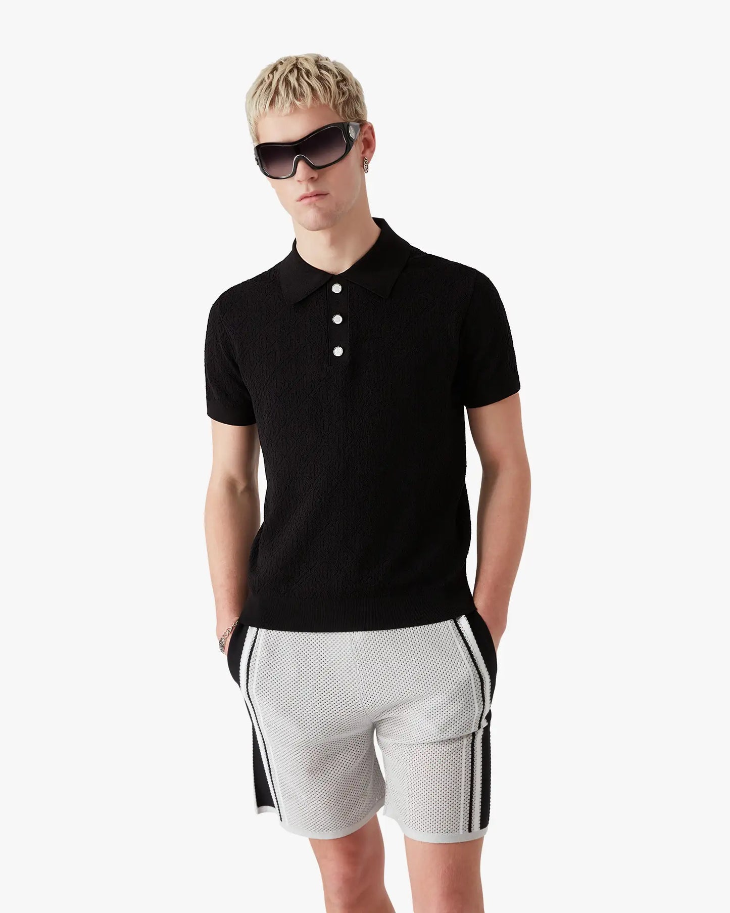 Black Pointelle Monogram Short Sleeve Polo Shirt | Casablanca Paris | Image 4