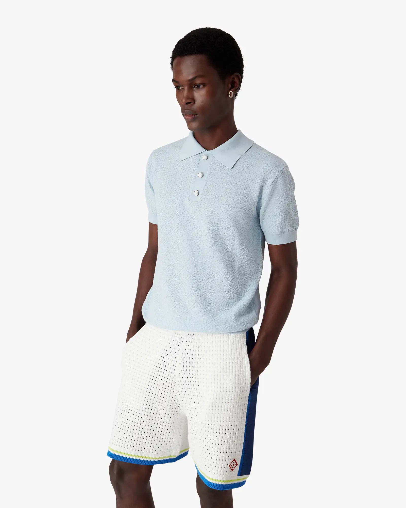 Blue Pointelle Monogram Short Sleeve Polo Shirt | Casablanca Paris | Image 4