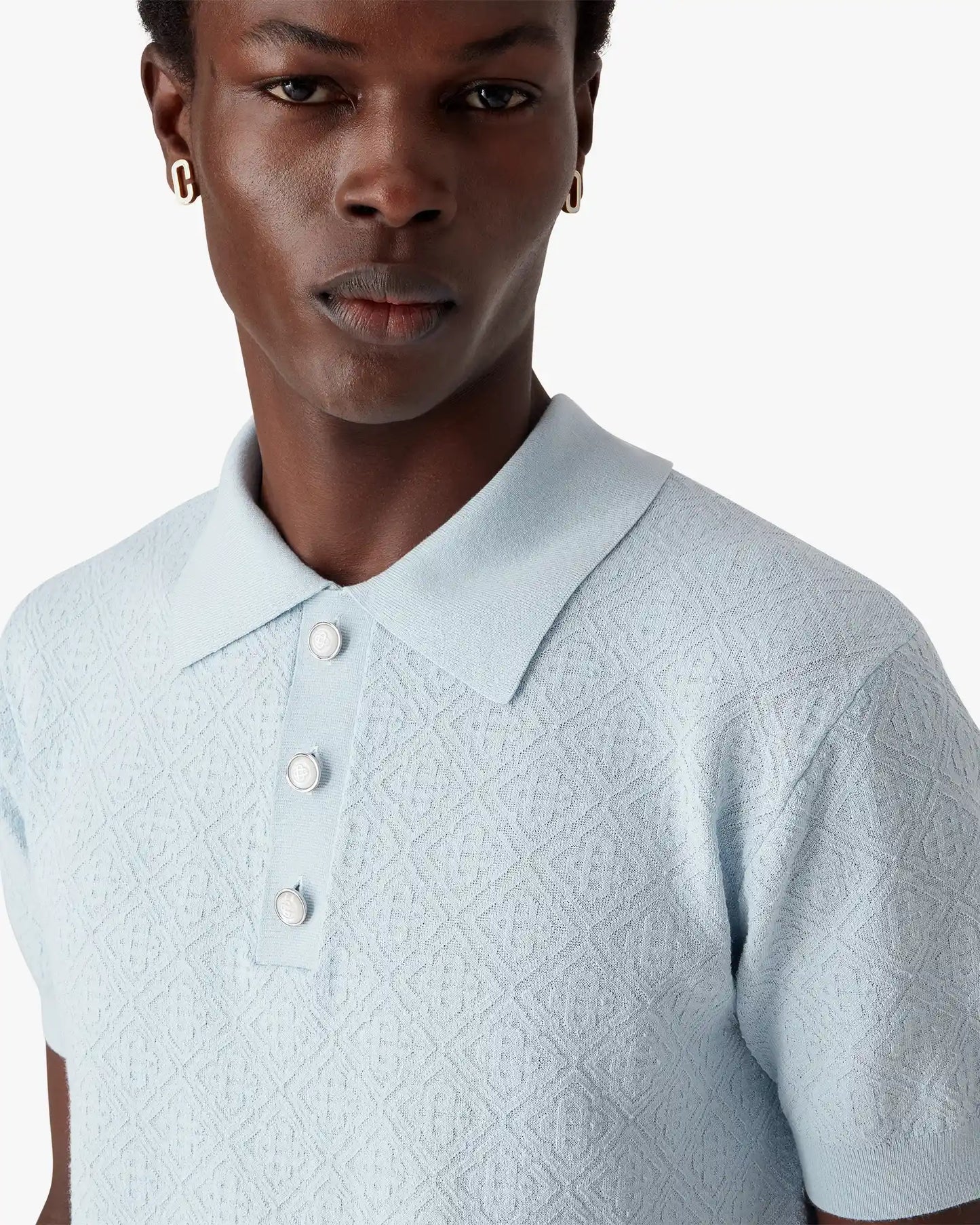 Blue Pointelle Monogram Short Sleeve Polo Shirt | Casablanca Paris | Image 5