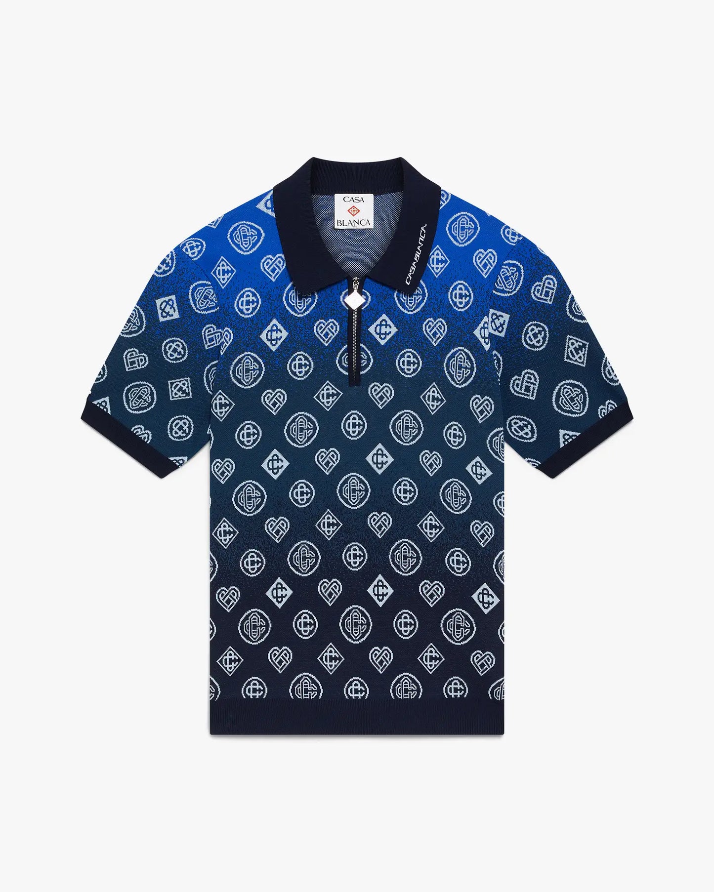 Navy Gradient Monogram Knitted Short Sleeve Polo Shirt | Casablanca Paris | Image 1