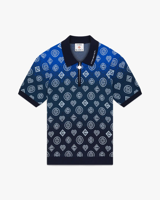 Navy Gradient Monogram Knitted Short Sleeve Polo Shirt | Casablanca Paris | Image 1
