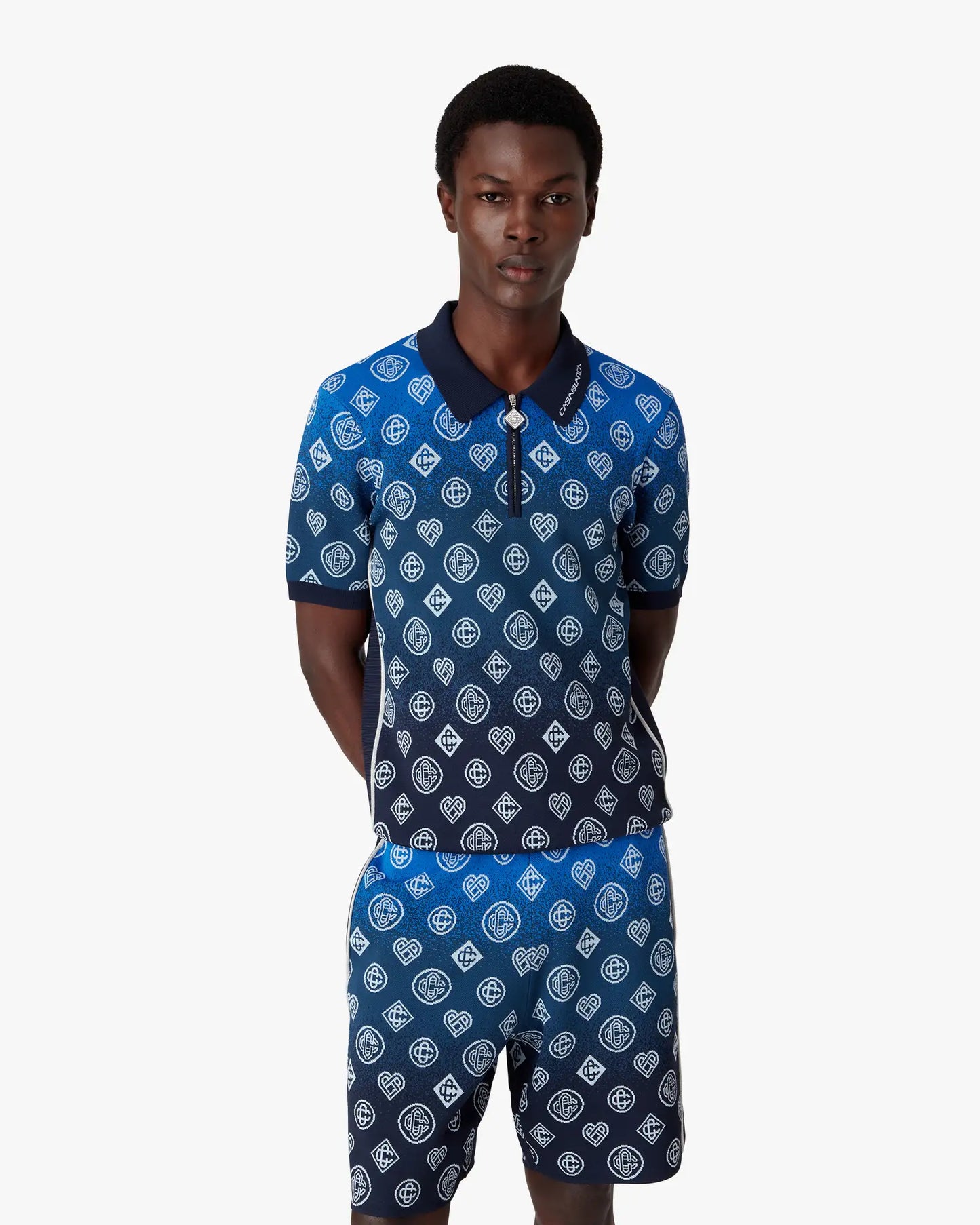 Navy Gradient Monogram Knitted Short Sleeve Polo Shirt | Casablanca Paris | Image 4
