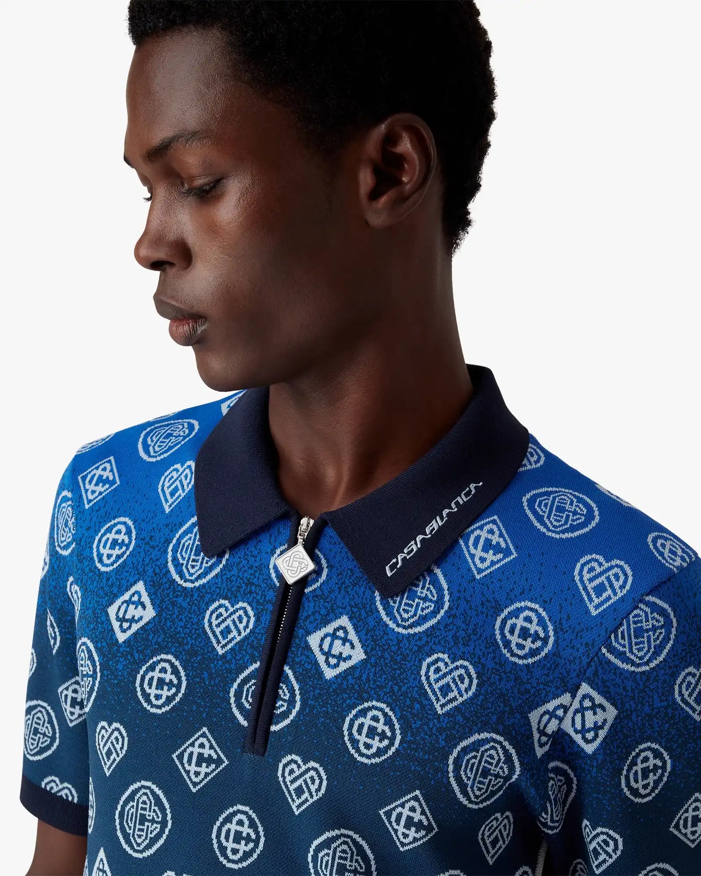 Navy Gradient Monogram Knitted Short Sleeve Polo Shirt | Casablanca Paris | Image 5