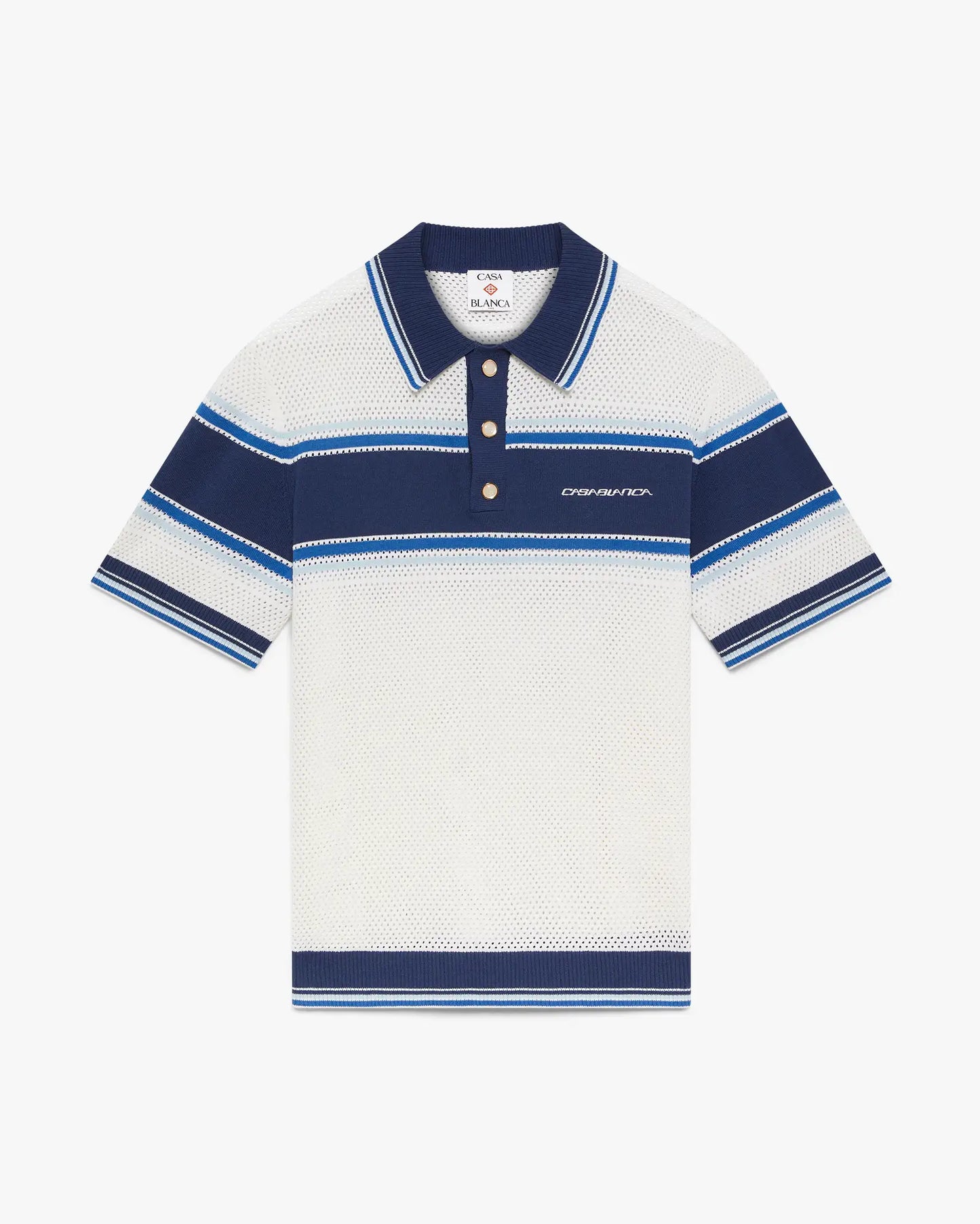 White & Blue Striped Mesh Short Sleeve Polo Shirt | Casablanca Paris | Image 1