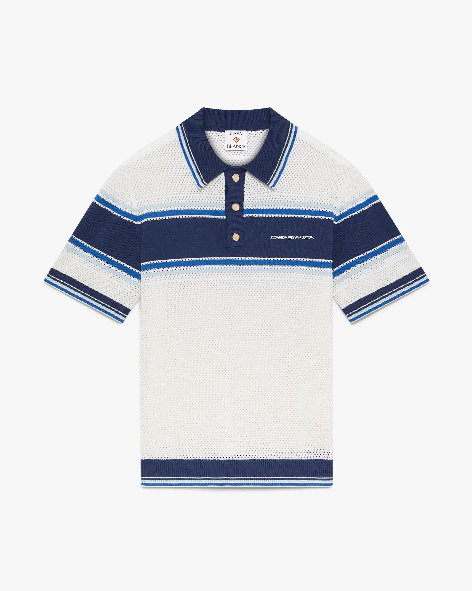 White & Blue Striped Mesh Short Sleeve Polo Shirt | Casablanca Paris | Image 1