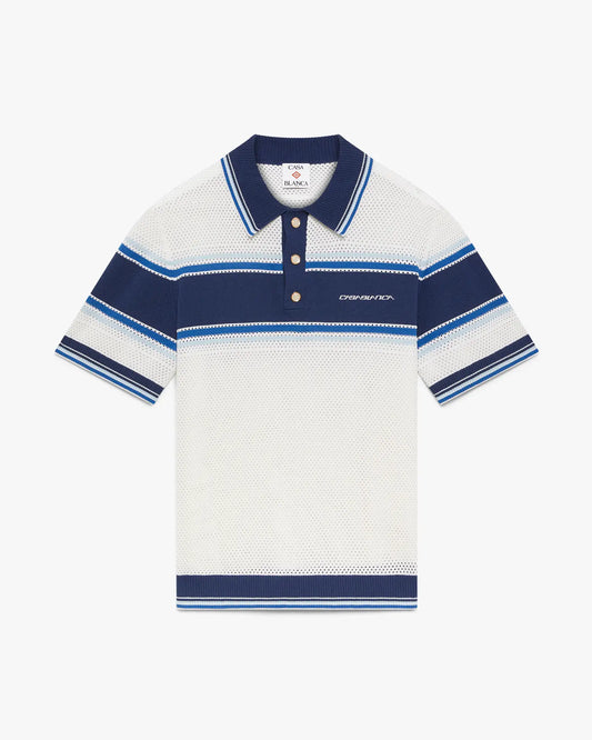 White & Blue Striped Mesh Short Sleeve Polo Shirt | Casablanca Paris | Image 1