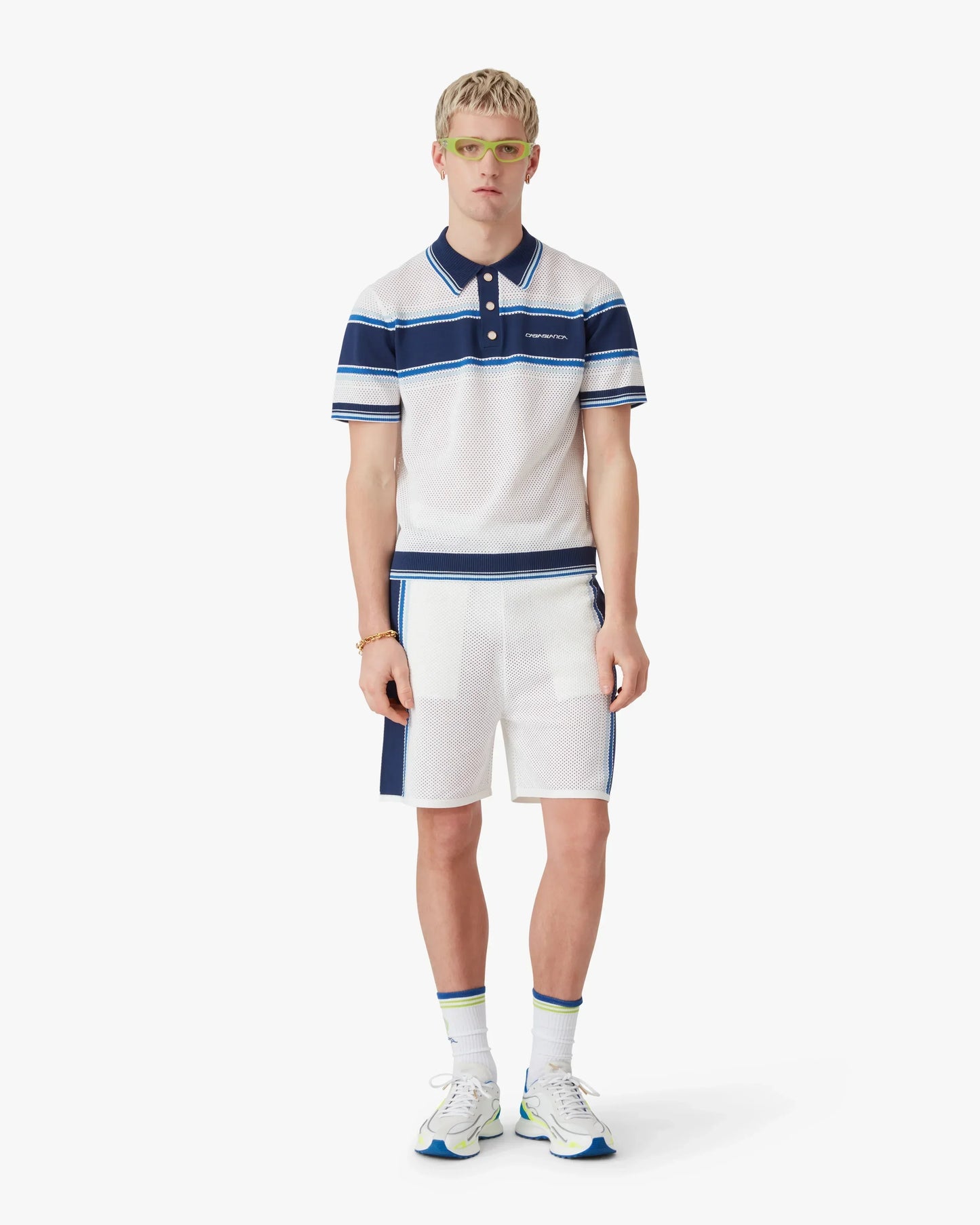White & Blue Striped Mesh Short Sleeve Polo Shirt | Casablanca Paris | Image 2