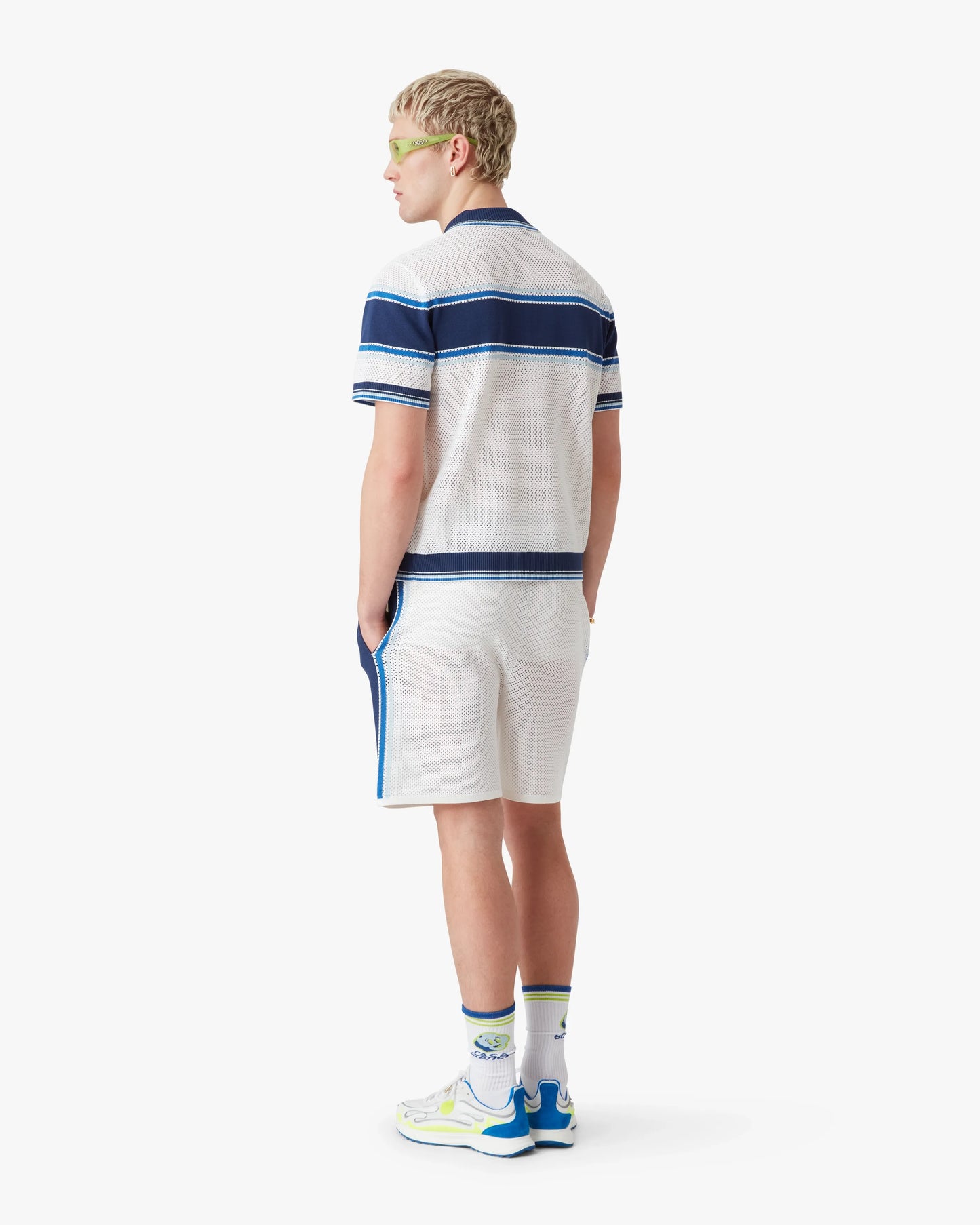 White & Blue Striped Mesh Short Sleeve Polo Shirt | Casablanca Paris | Image 3
