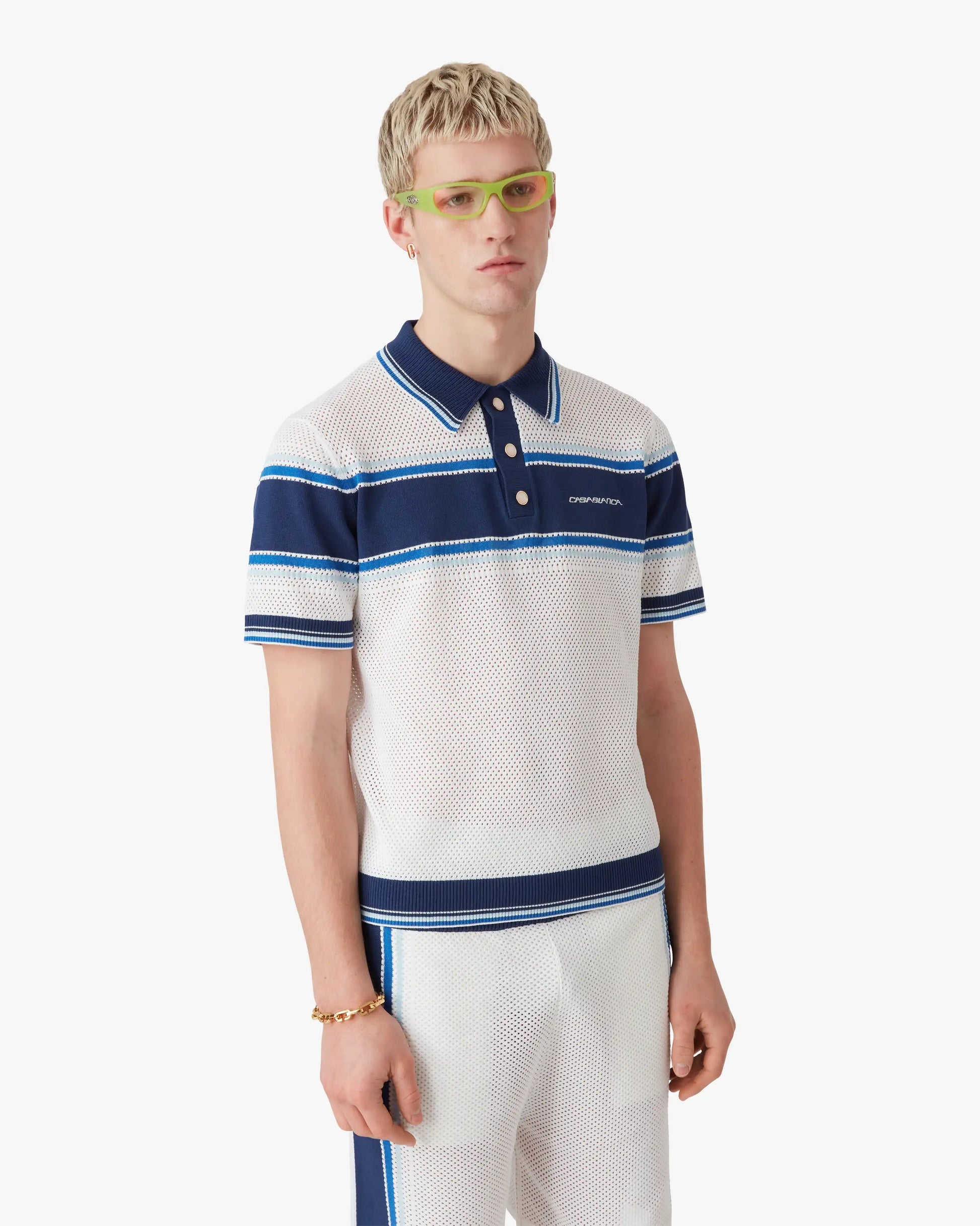 White & Blue Striped Mesh Short Sleeve Polo Shirt | Casablanca Paris | Image 4