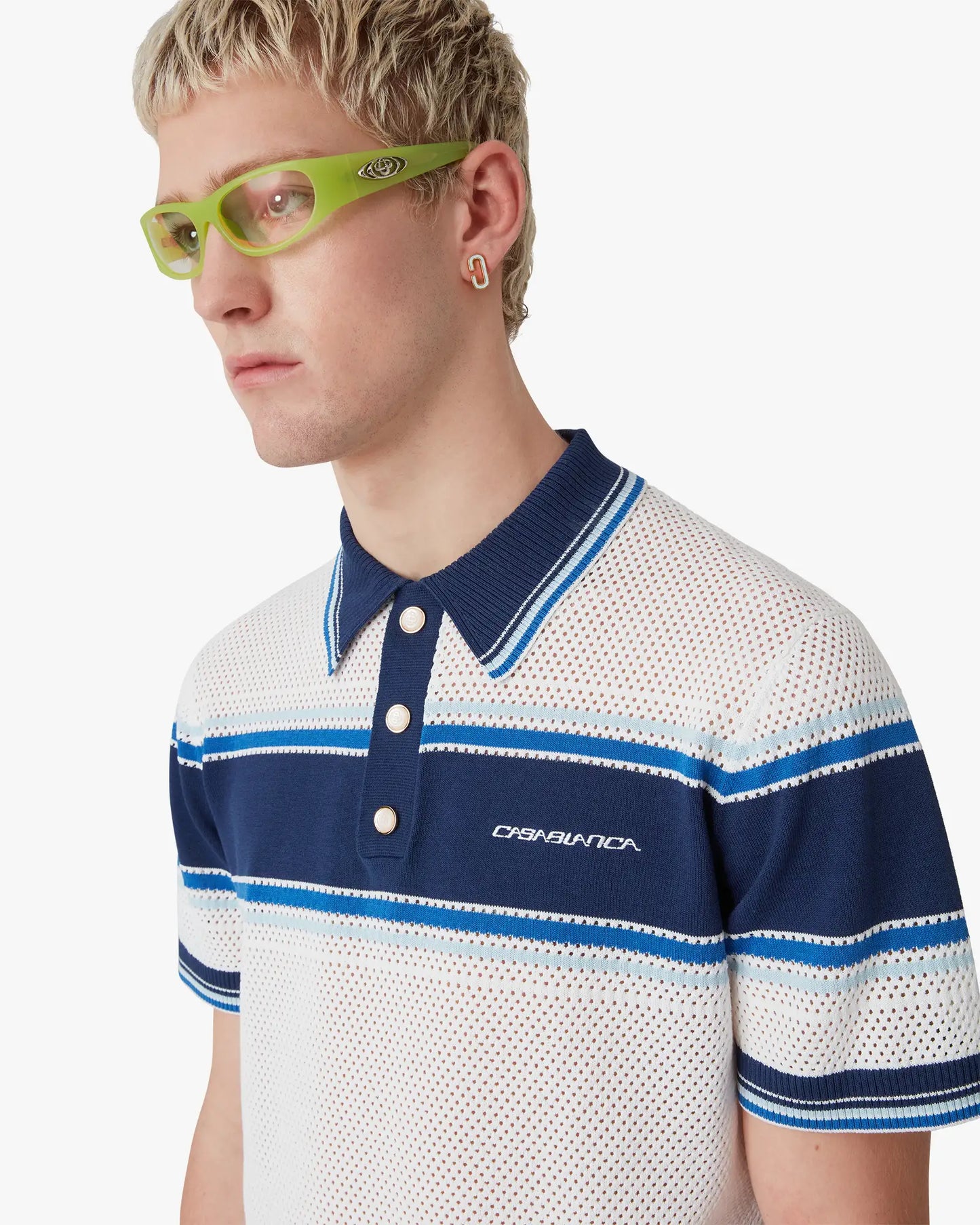 White & Blue Striped Mesh Short Sleeve Polo Shirt | Casablanca Paris | Image 5