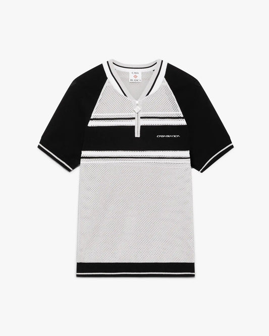 Metallic Mesh Stripe Zip Short Sleeve Polo Shirt | Casablanca Paris | Image 1
