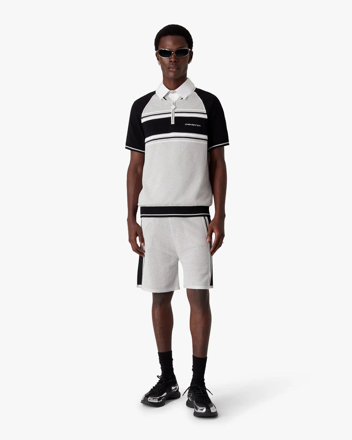Metallic Mesh Stripe Zip Short Sleeve Polo Shirt | Casablanca Paris | Image 2