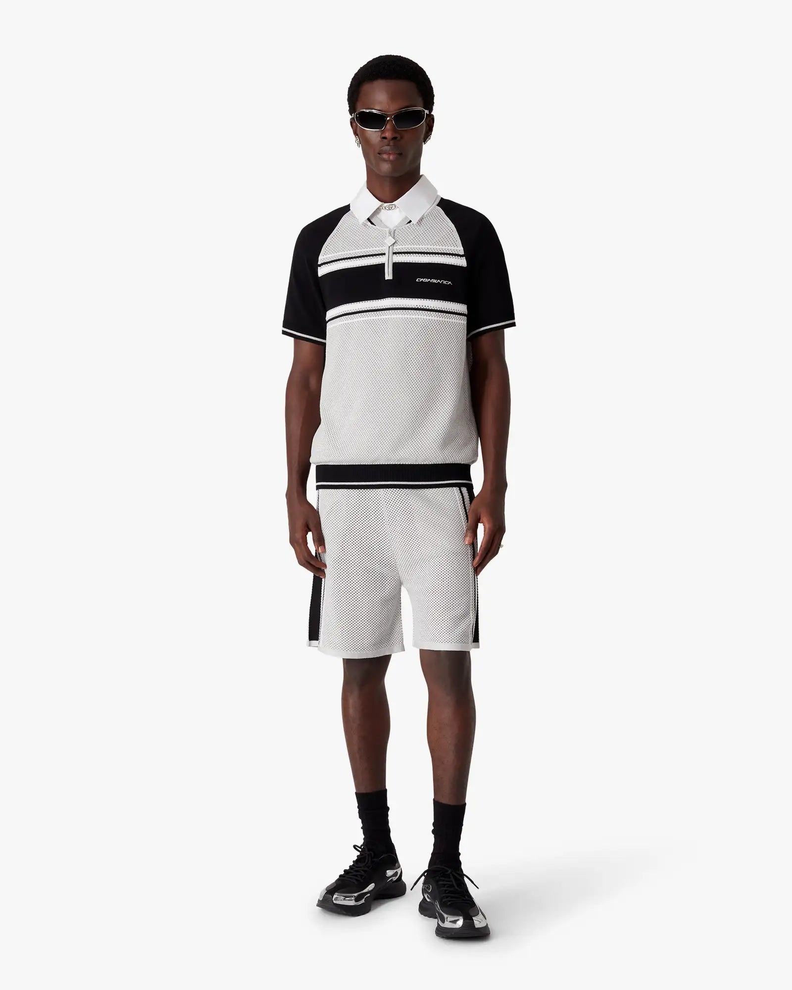 Metallic Mesh Stripe Zip Short Sleeve Polo Shirt | Casablanca Paris | Image 2