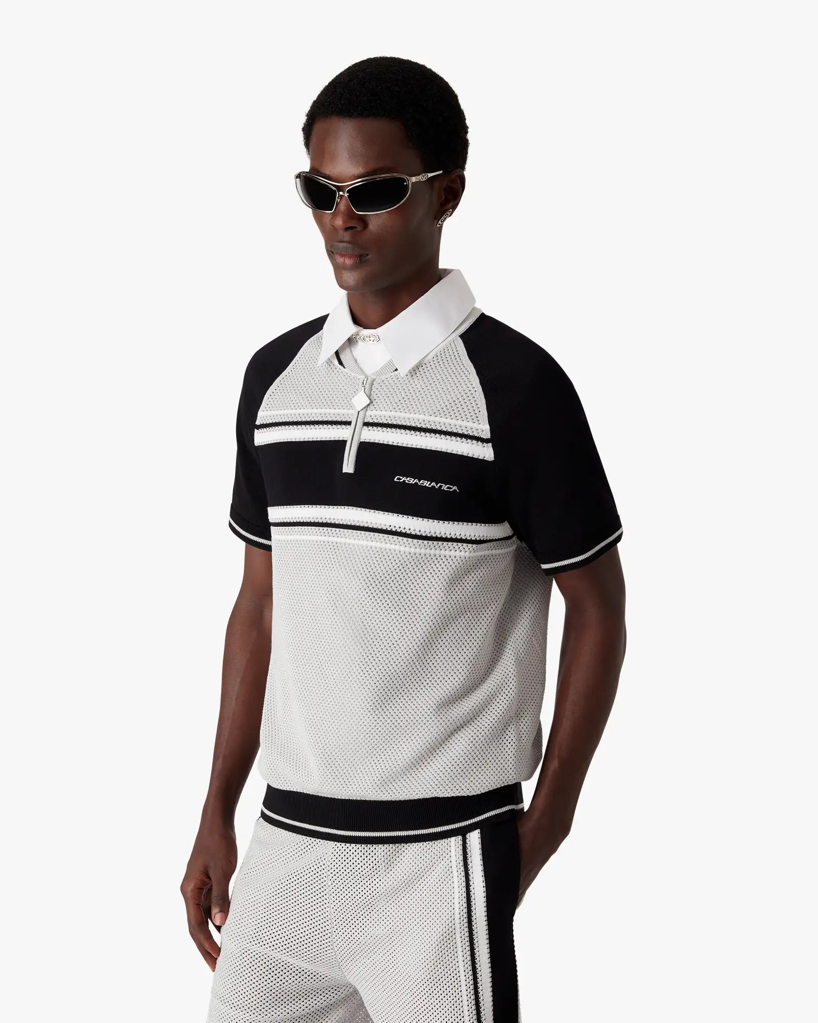 Metallic Mesh Stripe Zip Short Sleeve Polo Shirt | Casablanca Paris | Image 4