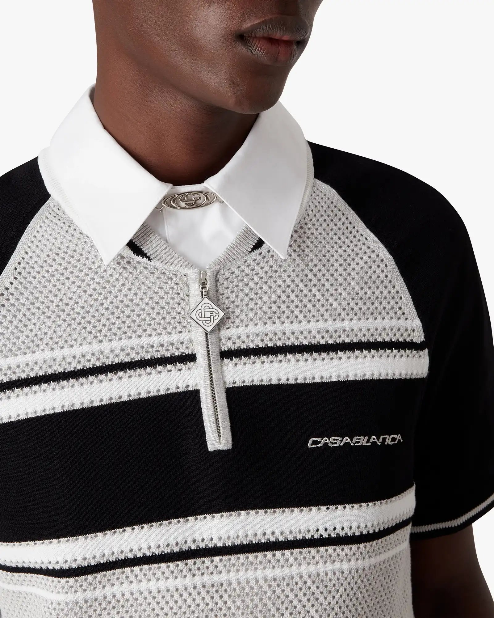 Metallic Mesh Stripe Zip Short Sleeve Polo Shirt | Casablanca Paris | Image 5