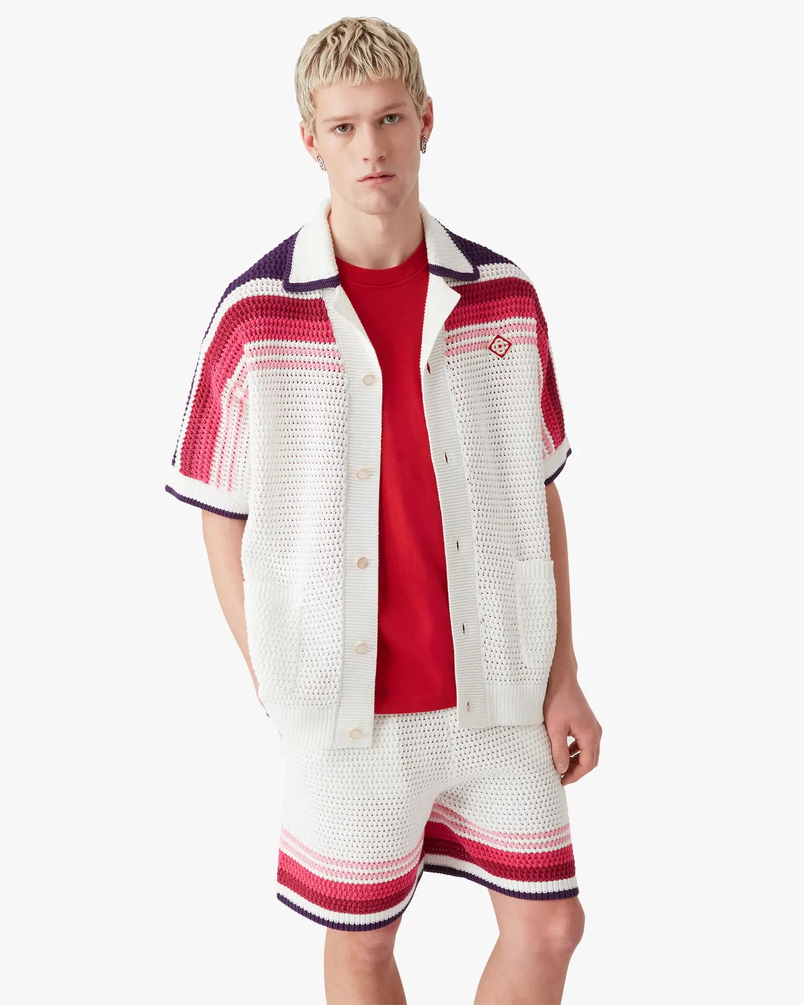 White & Pink Stripe Short Sleeve Crochet Shirt | Casablanca Paris | Image 4