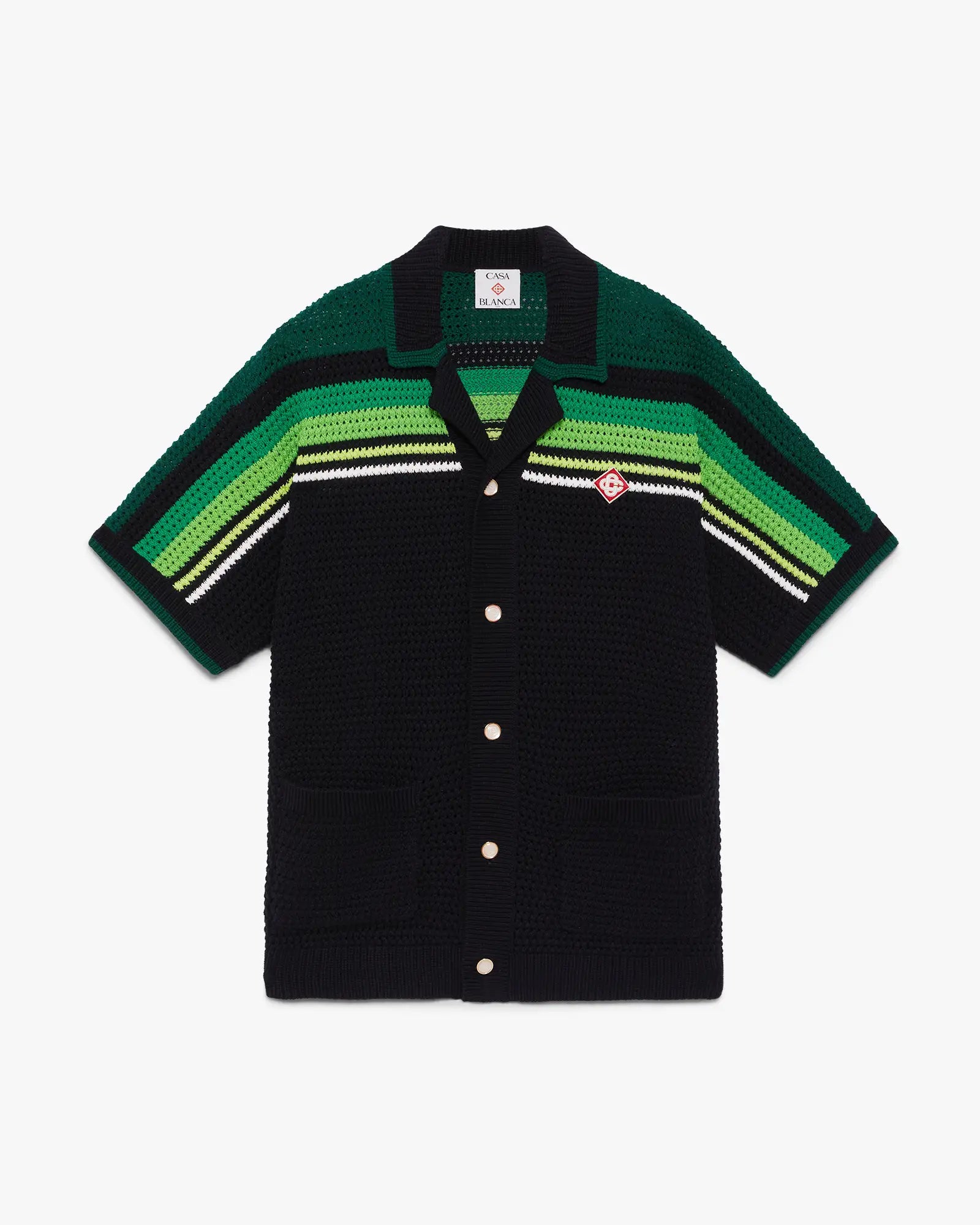 Black & Green Striped Short Sleeve Crochet Shirt | Casablanca Paris | Image 1