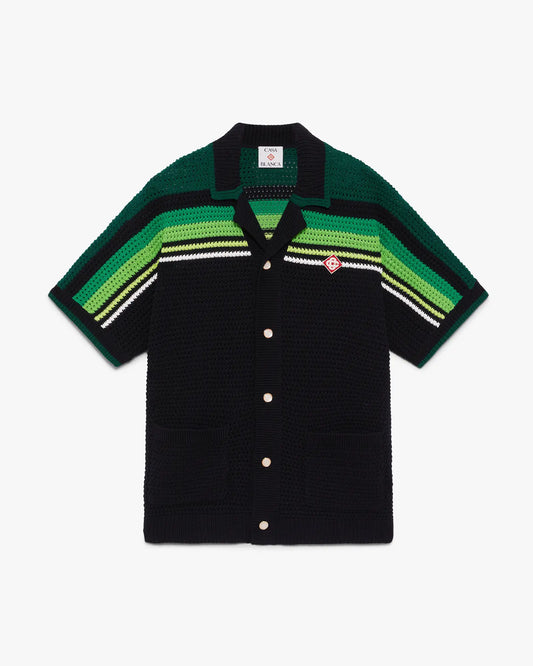 Black & Green Striped Short Sleeve Crochet Shirt | Casablanca Paris | Image 1