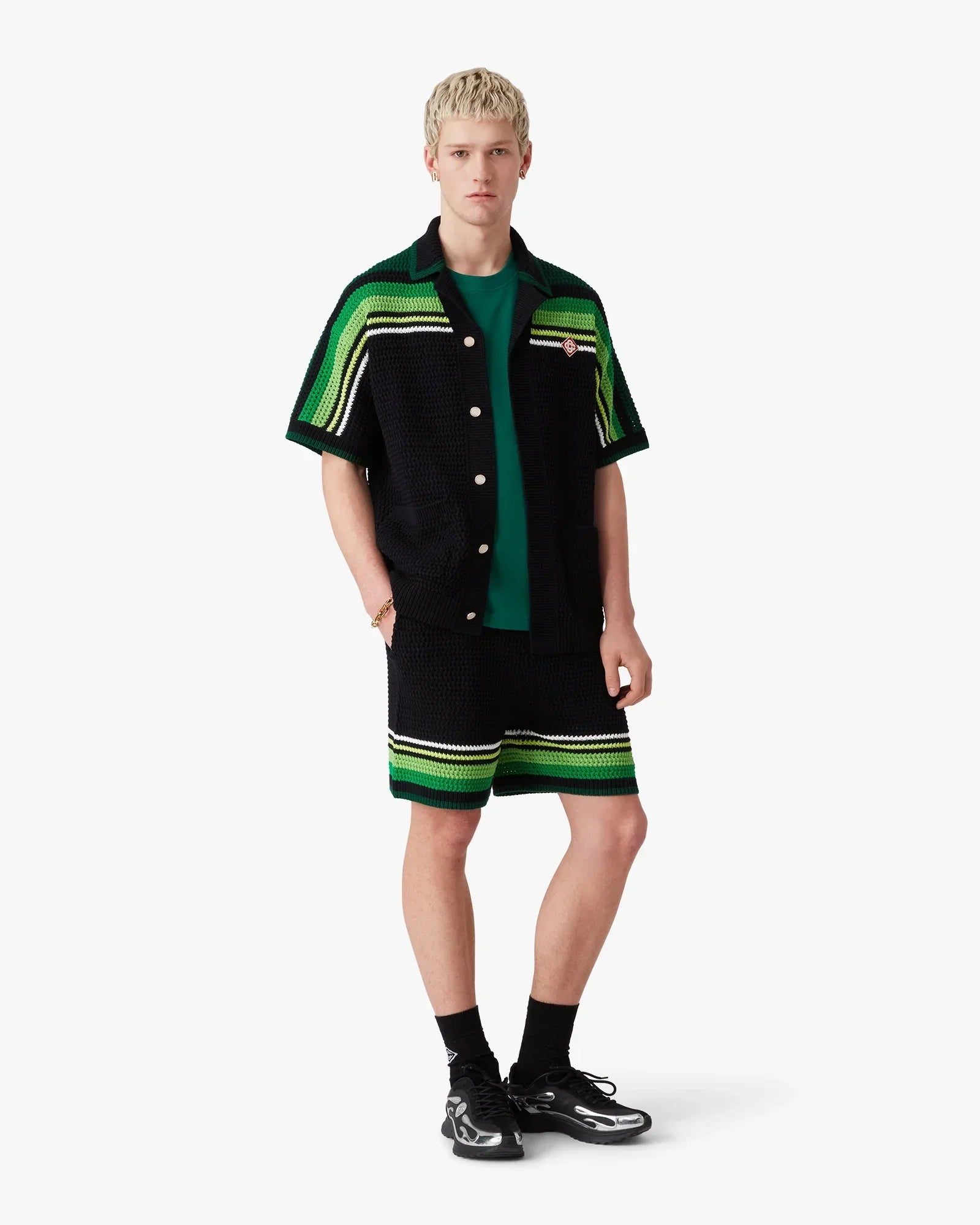 Black & Green Striped Short Sleeve Crochet Shirt | Casablanca Paris | Image 2