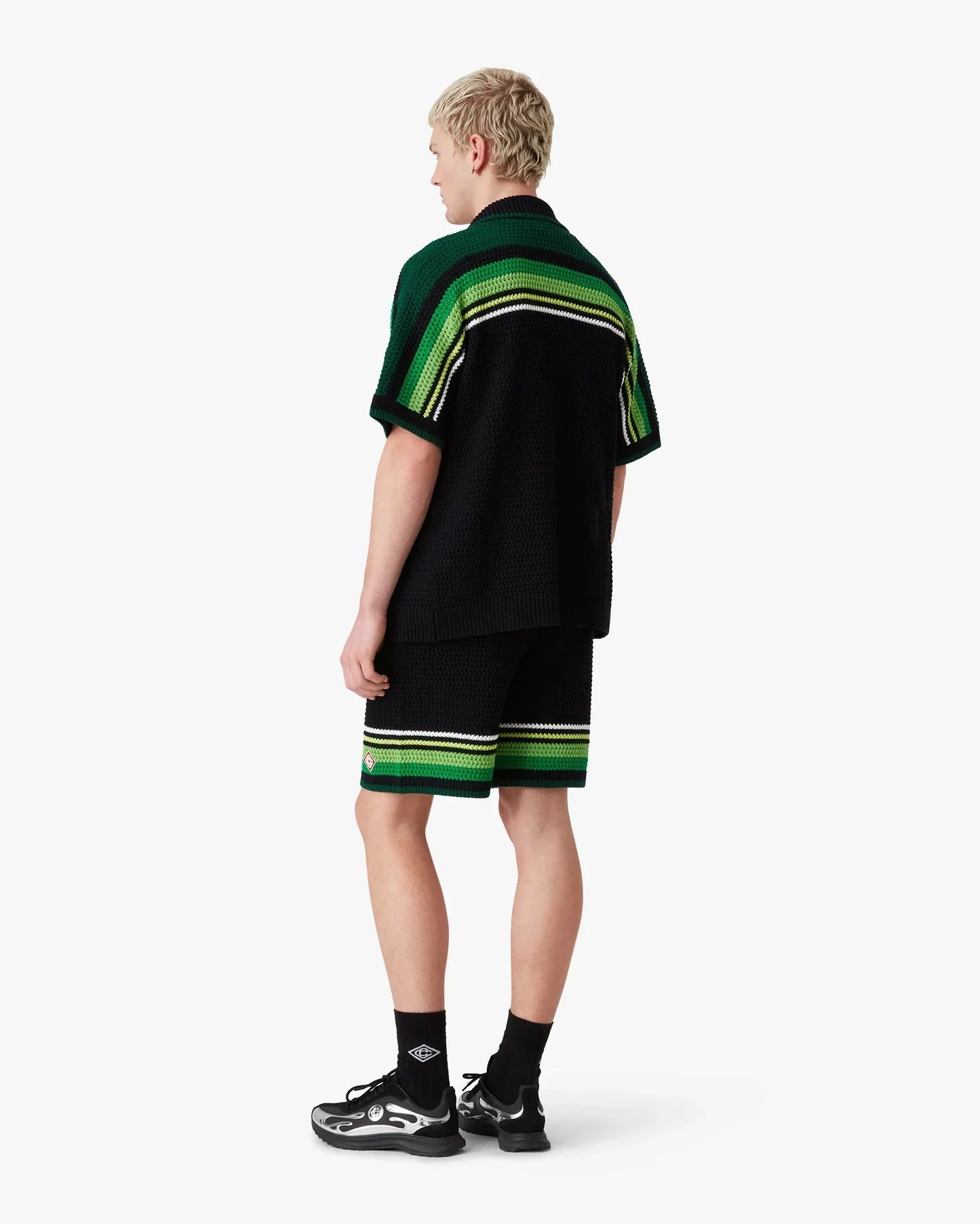 Black & Green Striped Short Sleeve Crochet Shirt | Casablanca Paris | Image 3