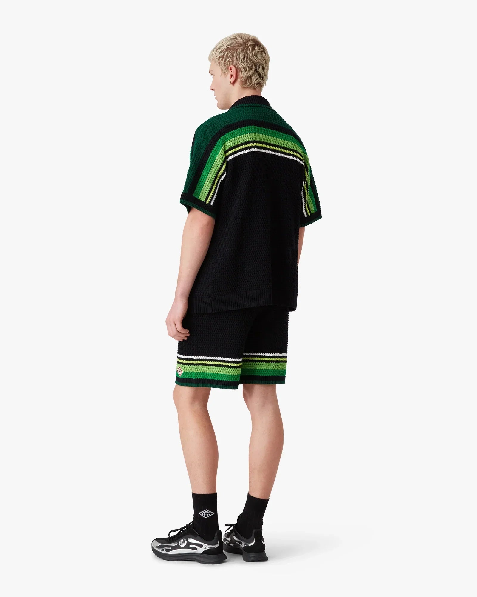 Black & Green Striped Short Sleeve Crochet Shirt | Casablanca Paris | Image 3