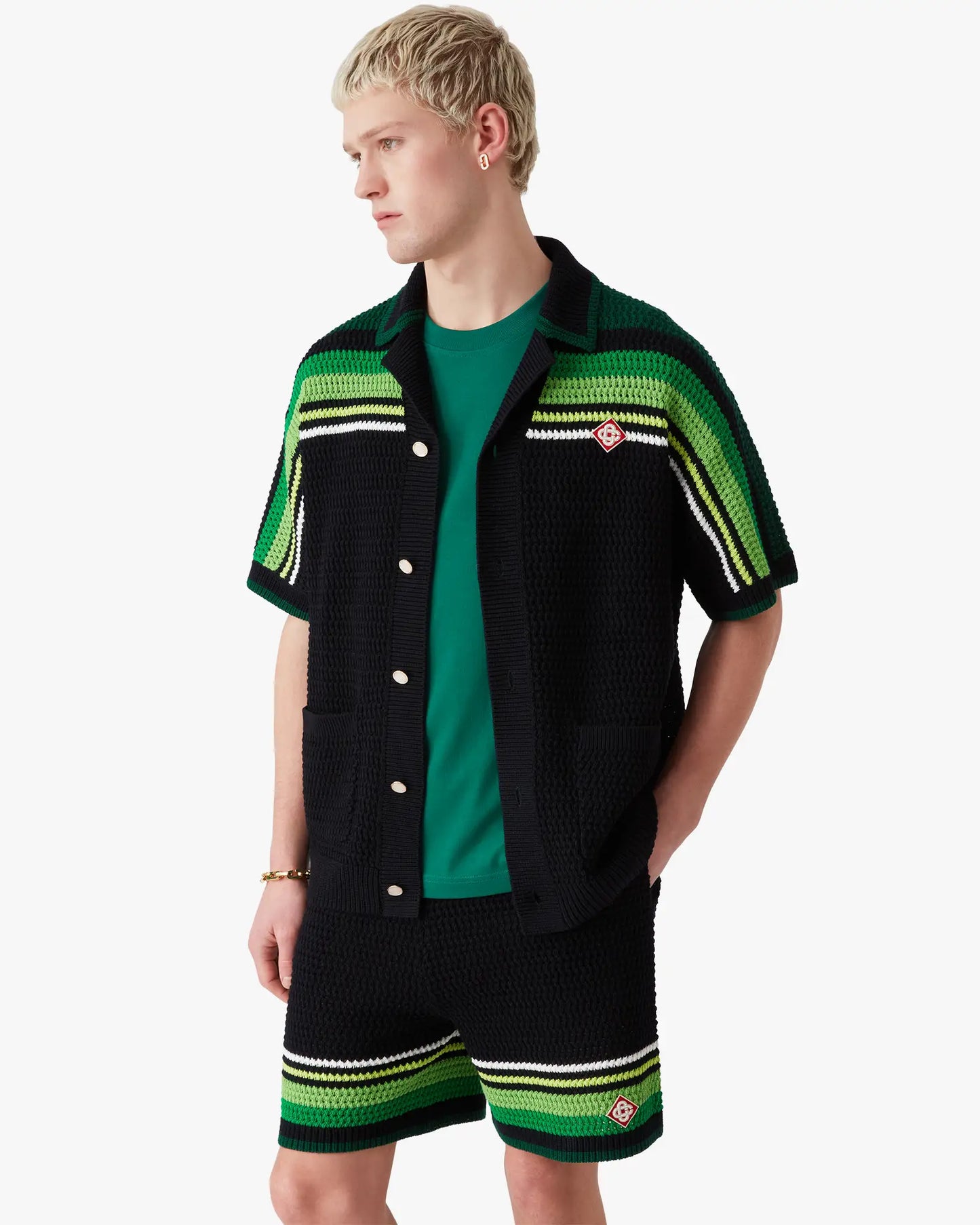 Black & Green Striped Short Sleeve Crochet Shirt | Casablanca Paris | Image 4