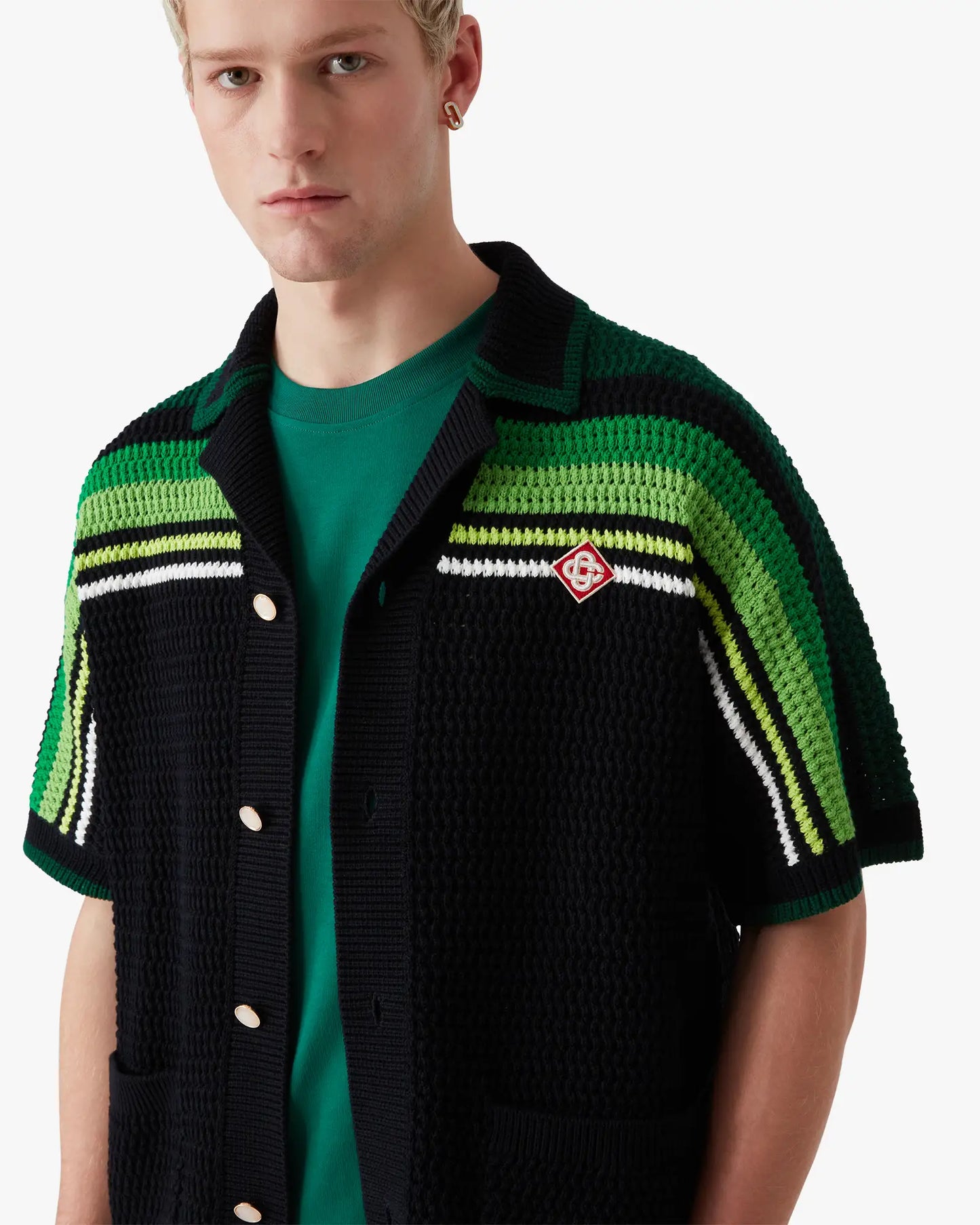 Black & Green Striped Short Sleeve Crochet Shirt | Casablanca Paris | Image 5
