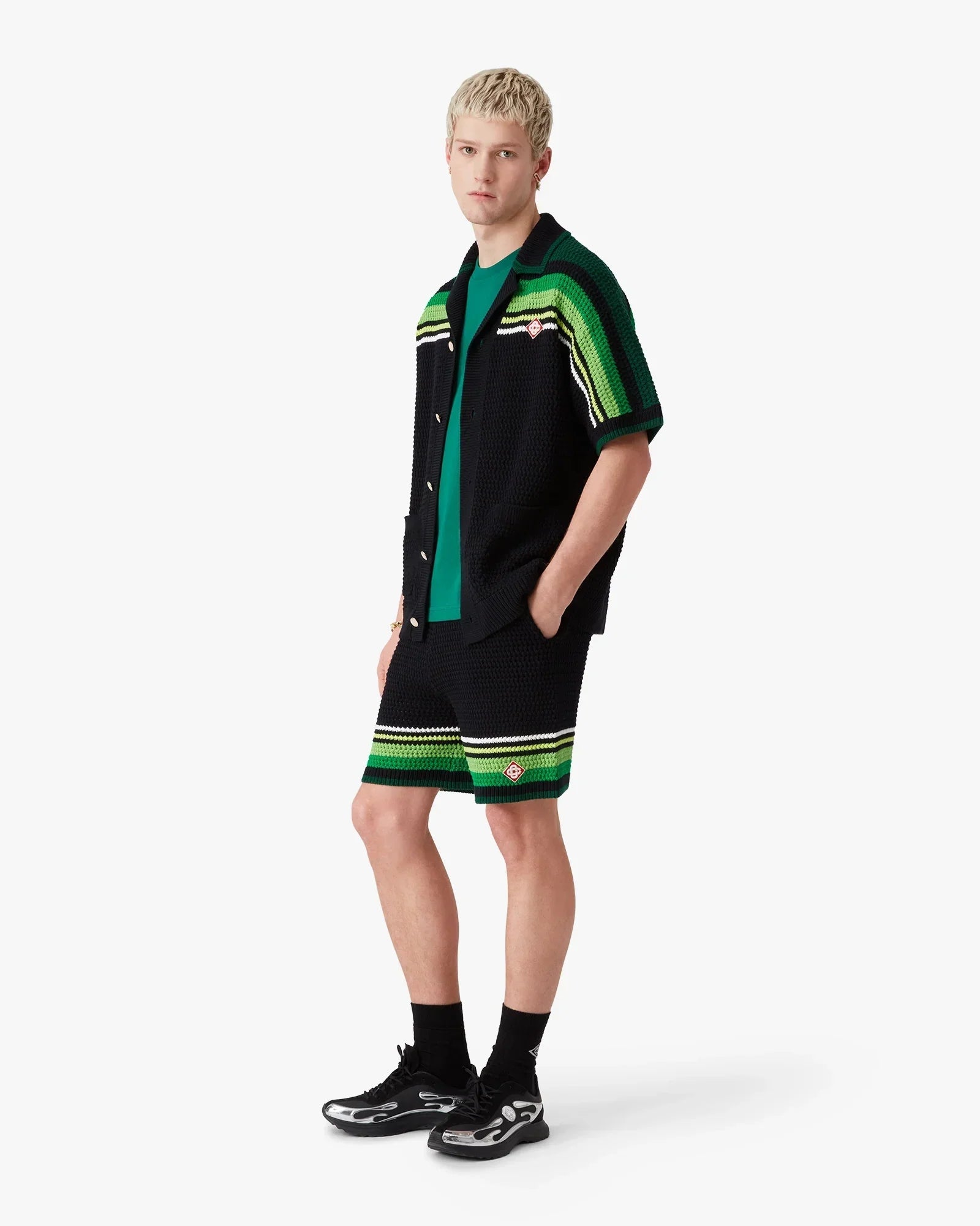 Black & Green Striped Crochet Shorts | Casablanca Paris | Image 2