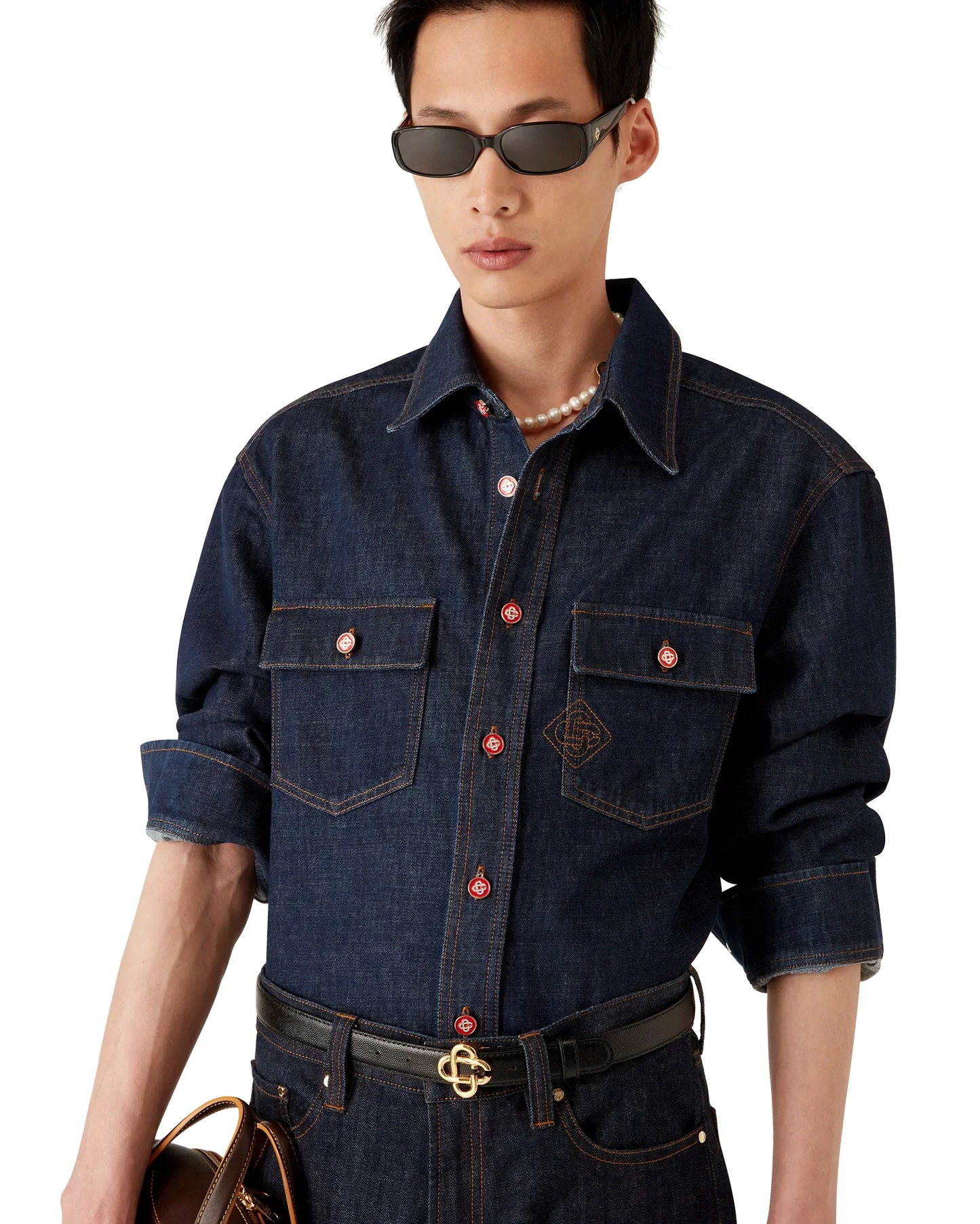 Denim Short Sleeve Shirt with Logo Embroidery | Casablanca Paris | Image 4