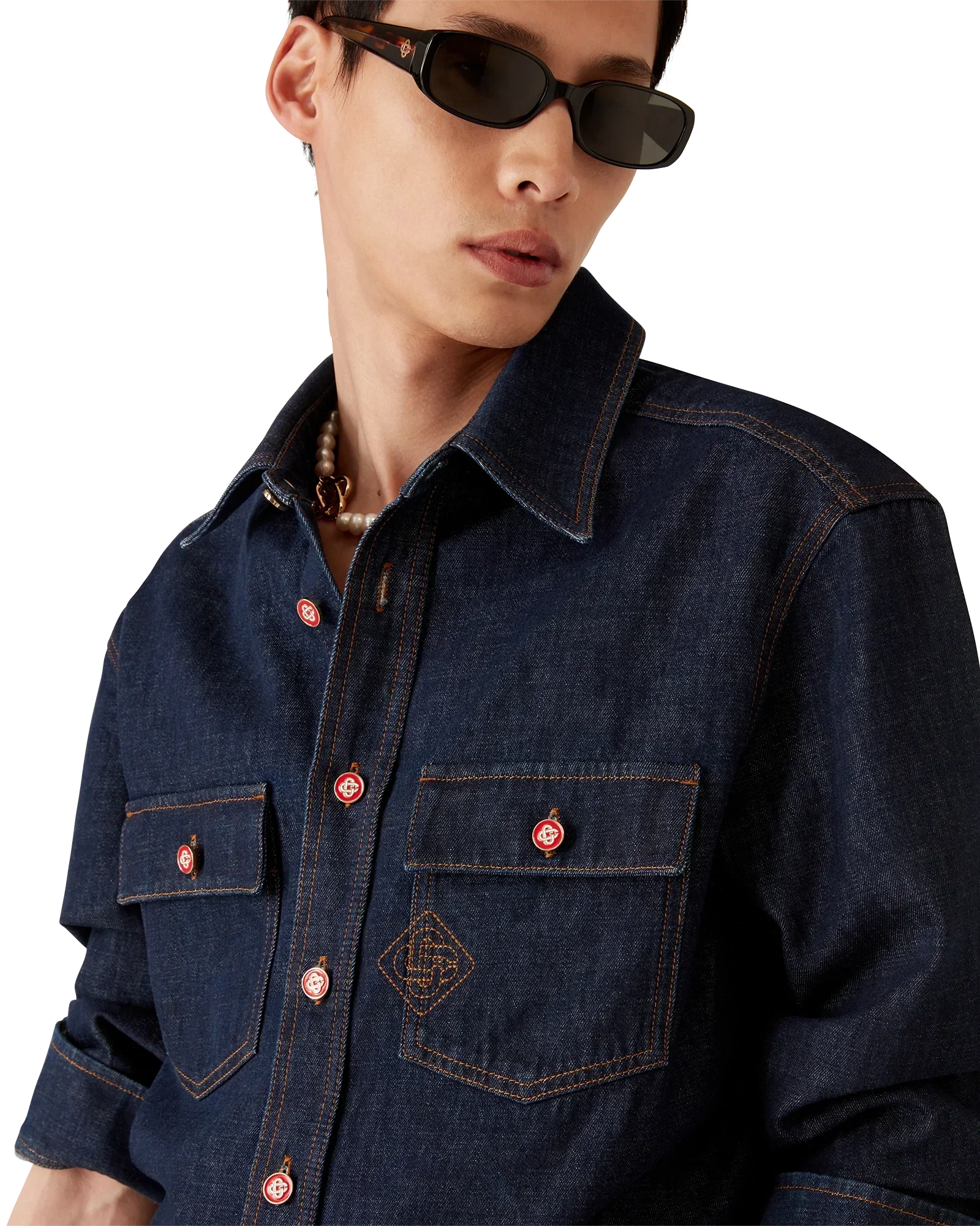 Denim Short Sleeve Shirt with Logo Embroidery | Casablanca Paris | Image 5