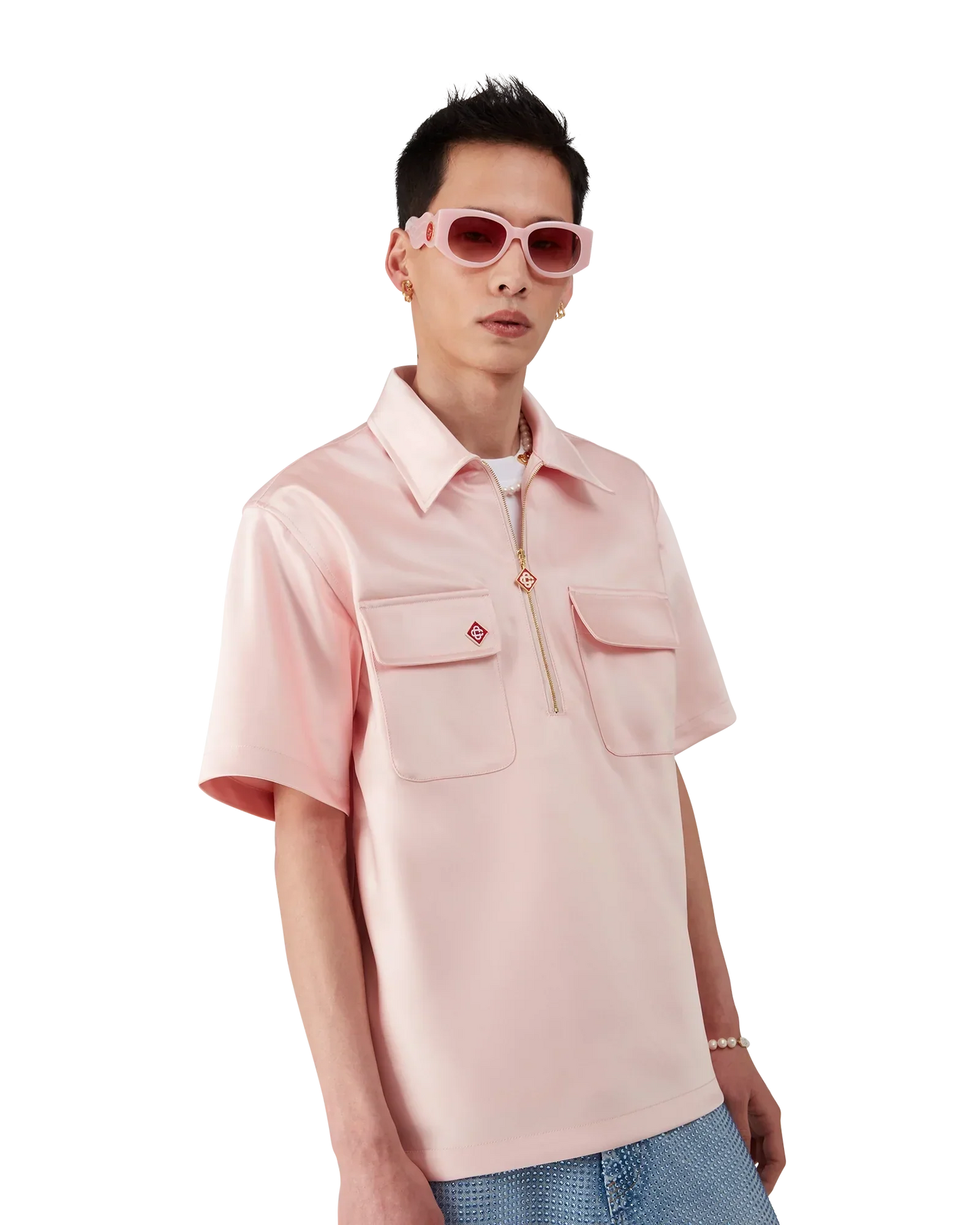 Satin Quarter Short Sleeve Zip Shirt | Casablanca Paris | Image 3