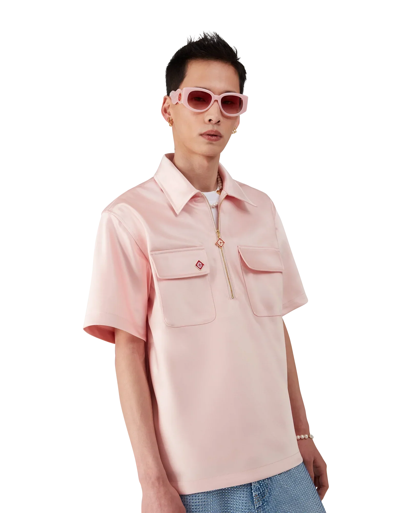 Satin Quarter Short Sleeve Zip Shirt | Casablanca Paris | Image 3