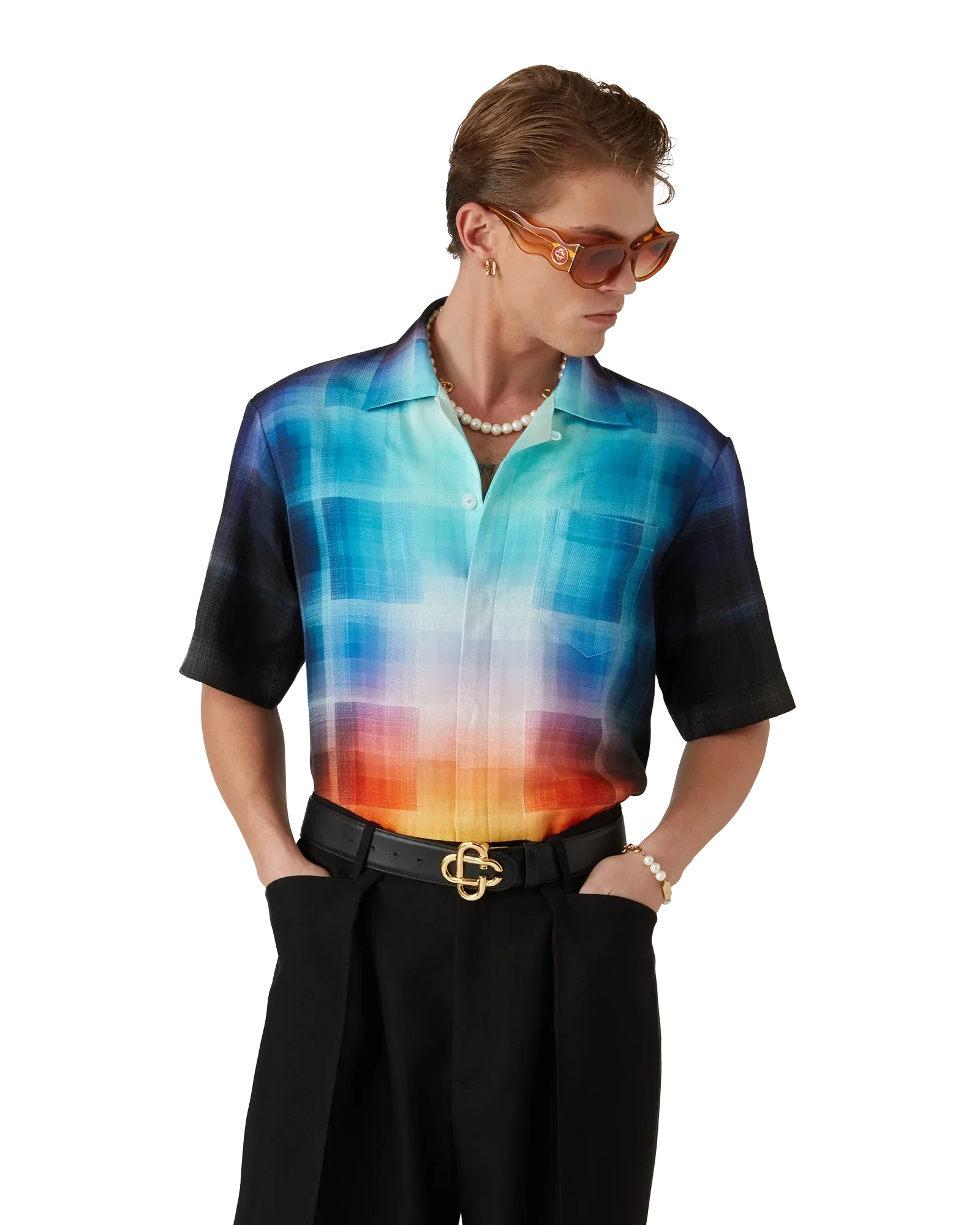 Gradient Check Viscose Blend Short Sleeve Shirt | Casablanca Paris | Image 8