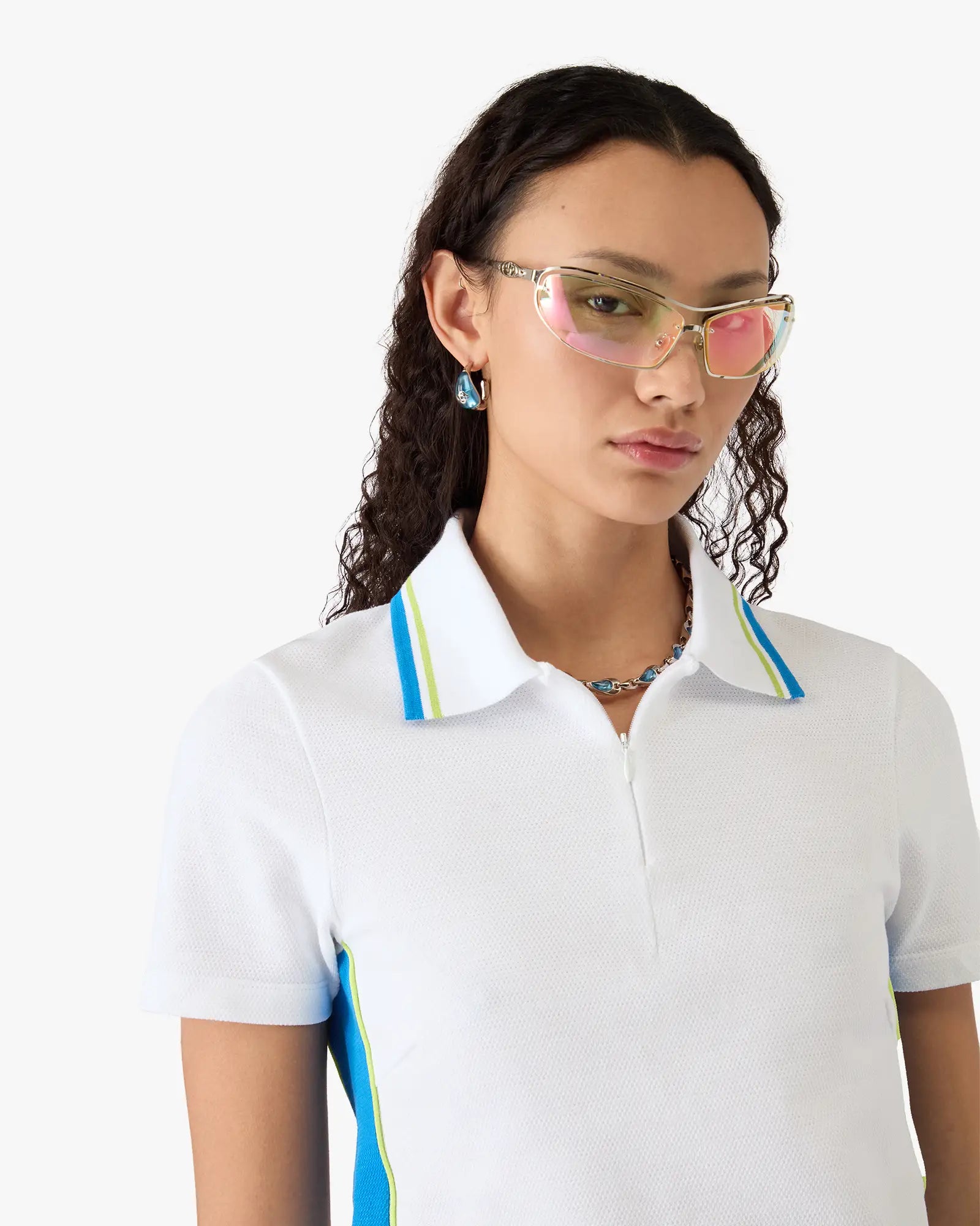 White & Blue Pique Cut-Out Polo Shirt | Casablanca Paris | Image 5
