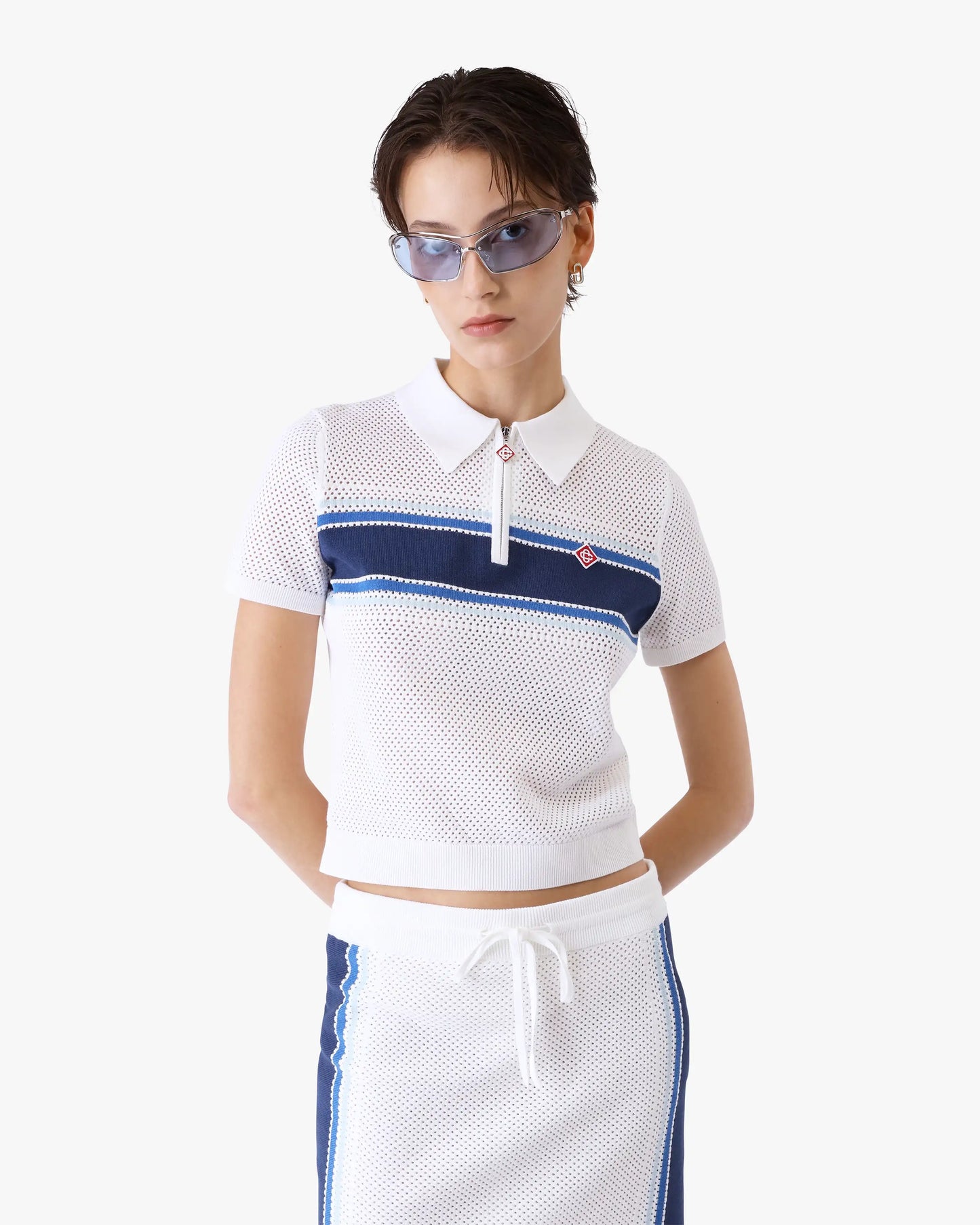 White & Blue Striped Mesh Polo Shirt | Casablanca Paris | Image 4