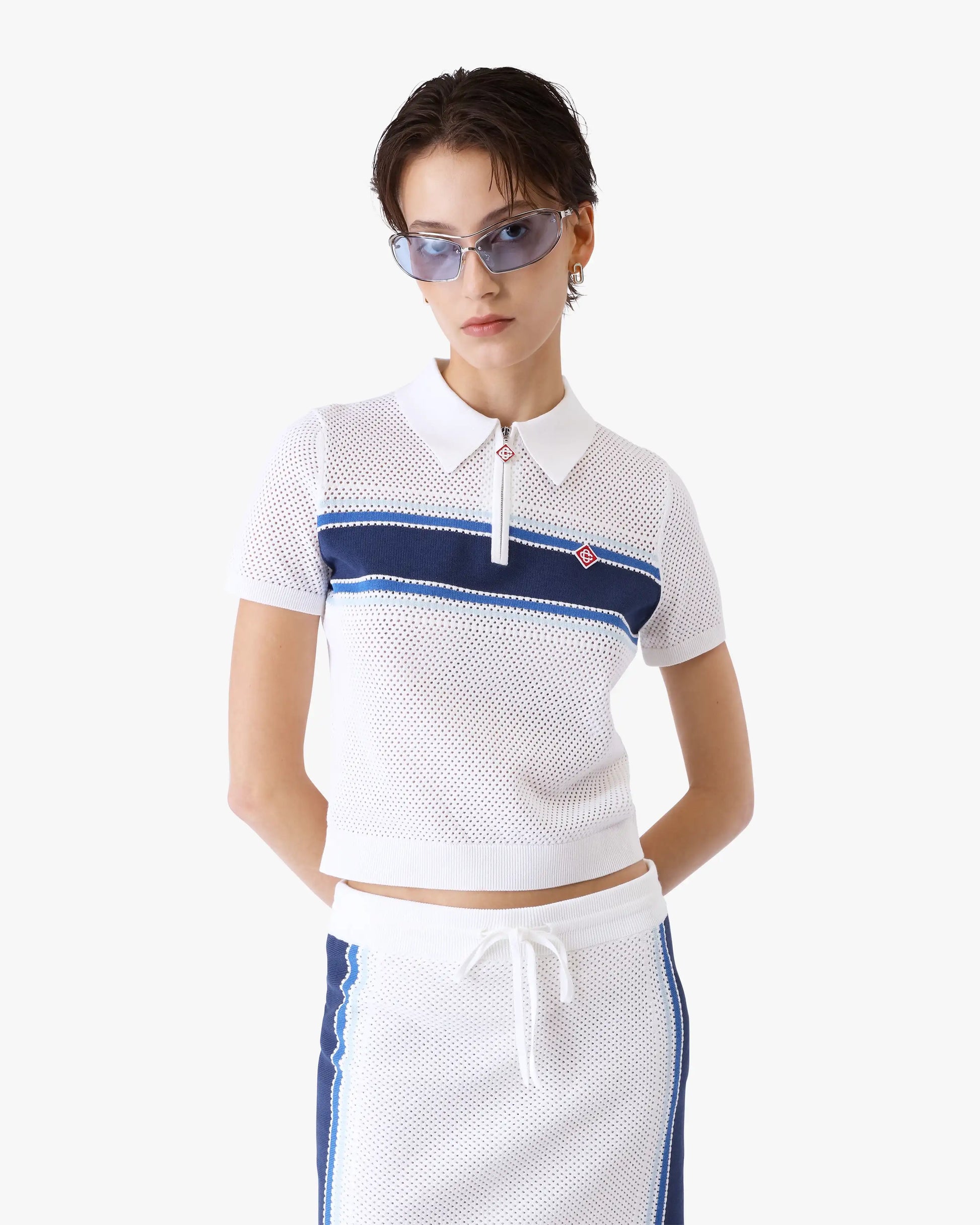 White & Blue Striped Mesh Polo Shirt | Casablanca Paris | Image 4