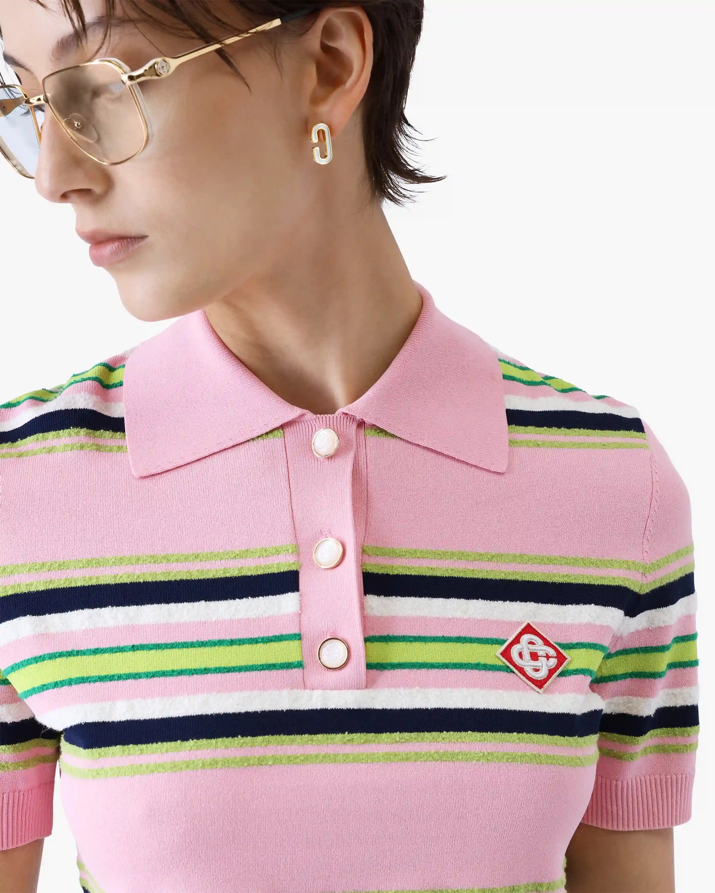 Pink & Green Striped Fitted Polo Shirt | Casablanca Paris | Image 5